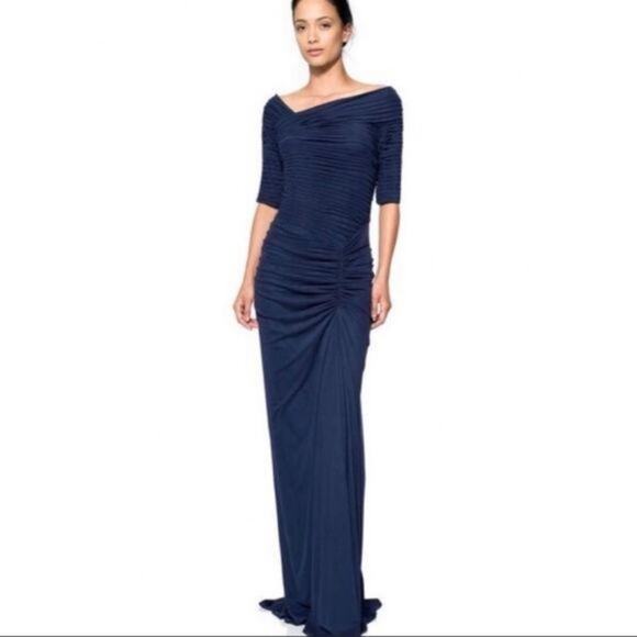 Tadashi Shoji Navy Asymmetrical Ruched Sleeve Gown - Picture 1 of 13